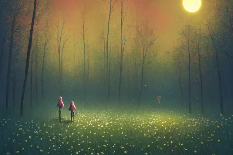 Image similar to giant bunch of daisy flowers head, girl walking in dark forest, surreal photography, dark night, stars, moon light, impressionist painting, clouds, digital painting, artstation, simon stalenhag