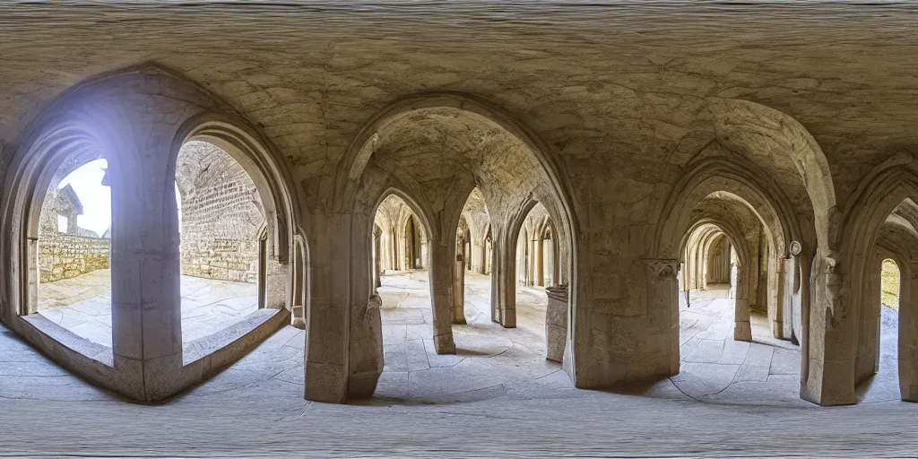 Prompt: high quality 3 6 0 ° image in equirectangular projection of a cloister of a cistercian monastery, seamless, gothic