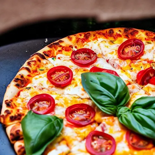 Prompt: In front of a roaring flame we see a cheese pizza with tomato slices and basil leaves flying off into the air, splashes of water, mozzarella chunks, sunshine, vivid colors, professional photo, bokeh