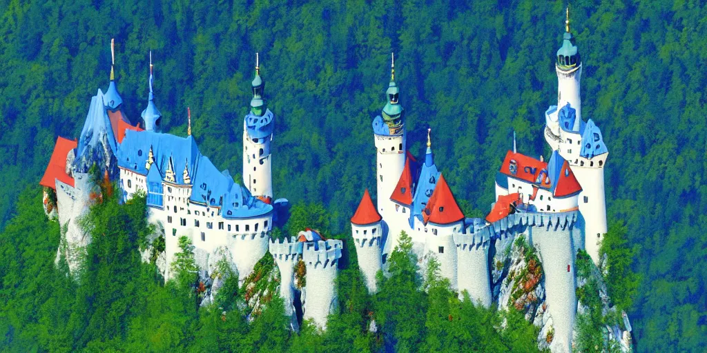 Prompt: fairy tale fantasy land, bled castle in slovenia, blue color scheme, ariel view, by alphonse mucha and hayao miyazaki