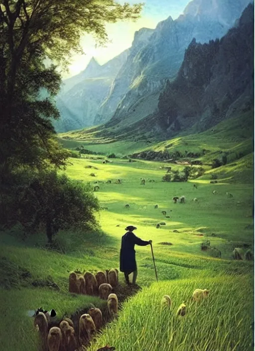 Image similar to The Lord is my shepherd; I shall not want. He maketh me to lie down in green pastures: he leadeth me beside the still waters. He restoreth my soul: he leadeth me in the paths of righteousness for his name's sake. Yea, though I walk through the valley of the shadow of death, I will fear no evil: for thou art with me; thy rod and thy staff they comfort me. Thou preparest a table before me in the presence of mine enemies: thou anointest my head with oil; my cup runneth over. Surely goodness and mercy shall follow me all the days of my life: and I will dwell in the house of the Lord for ever. edge to edge, 8k