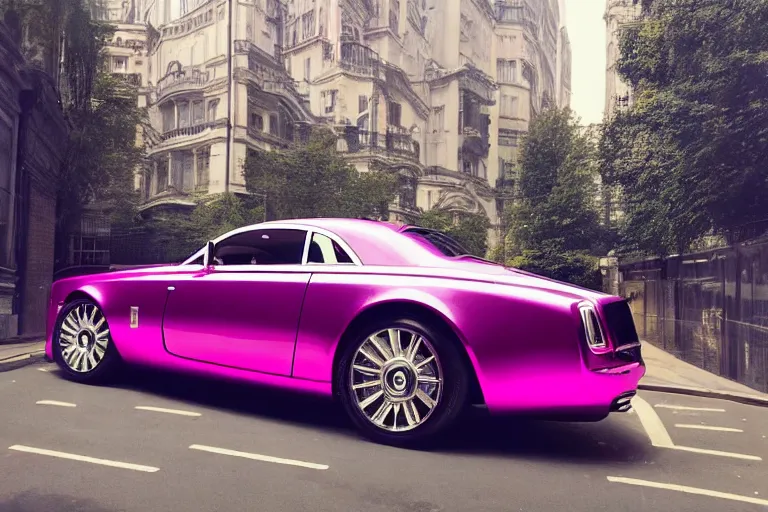 Image similar to photograph of a shiny hot pink rolls royce, with a sleek spoiler, driving down the streets of london cyberpunk city, by greg rutkowski, by stanley artgerm, by alphonse mucha