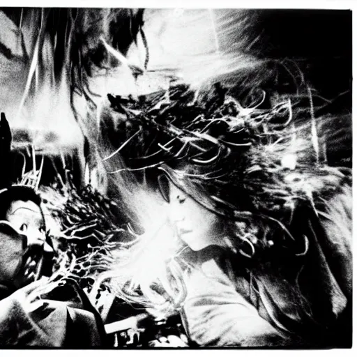 Image similar to A wizard casting spells, frantic, chaotic, ethereal, b&w, 35mm film!!!!!!!!, are-bure-boke!!!!!!!!, by Daido Moriyama!!!!!!