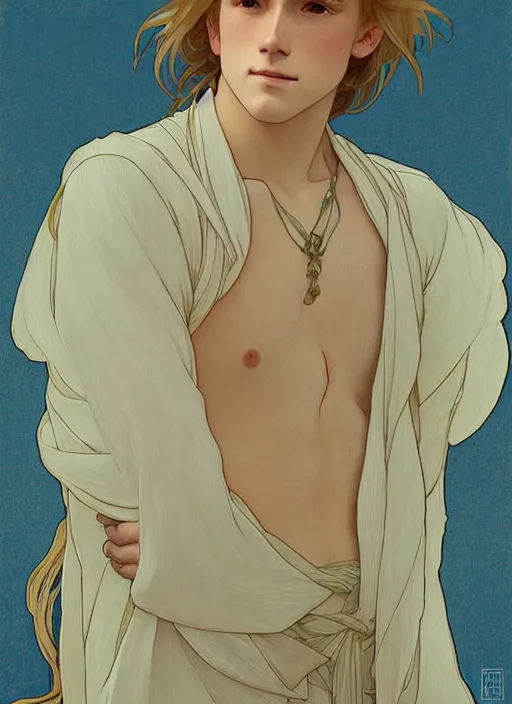 Image similar to pretty young man with shoulder length blond hair, male, half body shot, path traced, highly detailed, high quality, digital painting, by studio ghibli and alphonse mucha, leesha hannigan, hidari, art nouveau, chiho aoshima, jules bastien - lepage