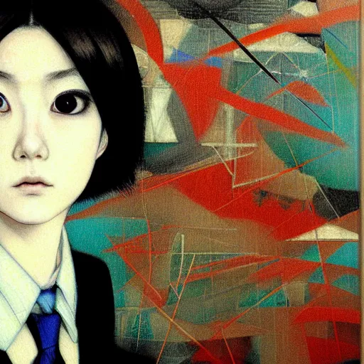 Image similar to yoshitaka amano blurred and dreamy realistic three quarter angle portrait of a young woman with short hair and black eyes wearing office suit with tie, junji ito abstract patterns in the background, satoshi kon anime, noisy film grain effect, highly detailed, renaissance oil painting, weird portrait angle, blurred lost edges