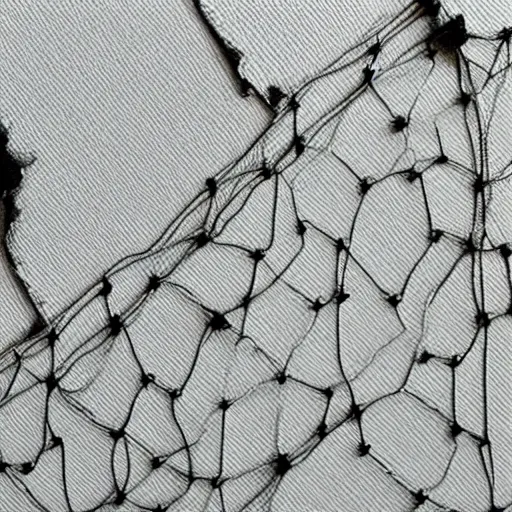 Prompt: a damaged mesh made out of tiny threads with rips and tears, black drawing on white paper