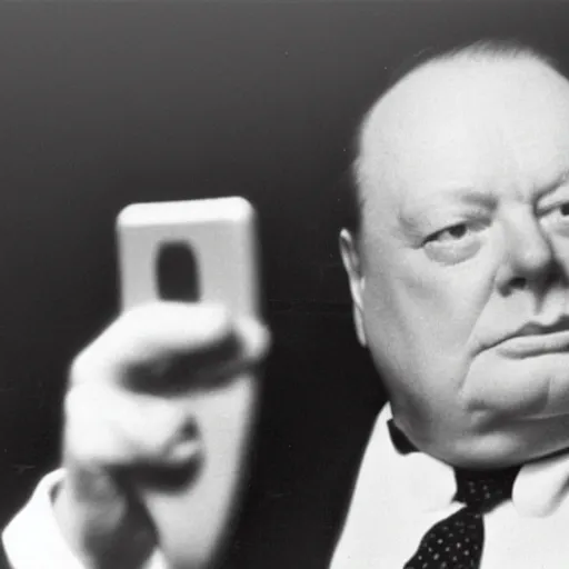 Prompt: A black and white photograph, circa 1940s, of Winston Churchill looking down at his smartphone