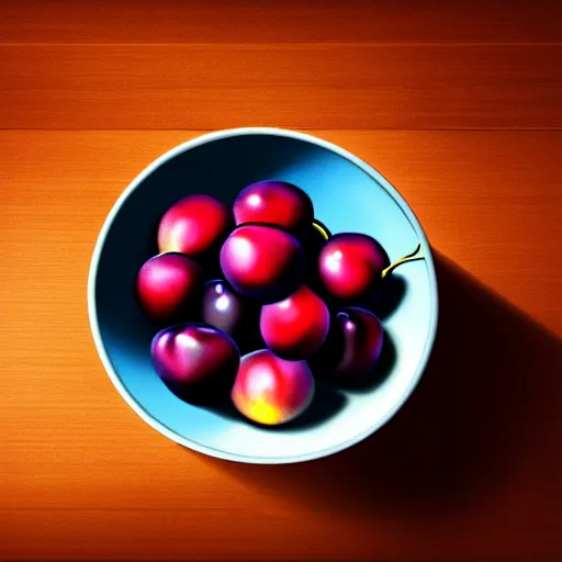 Image similar to concept art drawing of a single thick porcelain bowl filled with a few moist freshly picked plums on a wooden table. volumetric lighting. small scale. artistic. top down.