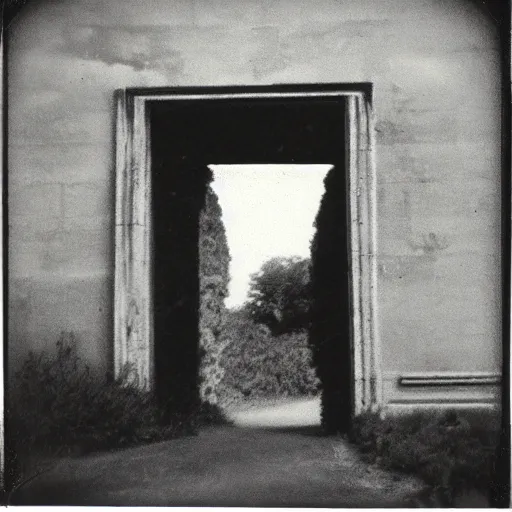 Image similar to old polaroid of a realistic gateway to another dimension, black and white, pictorialism