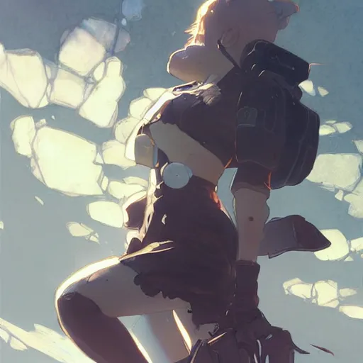 Prompt: girl running from the fbi by krenz cushart and mucha and akihito yoshida and greg rutkowski, nier : automata inspired,