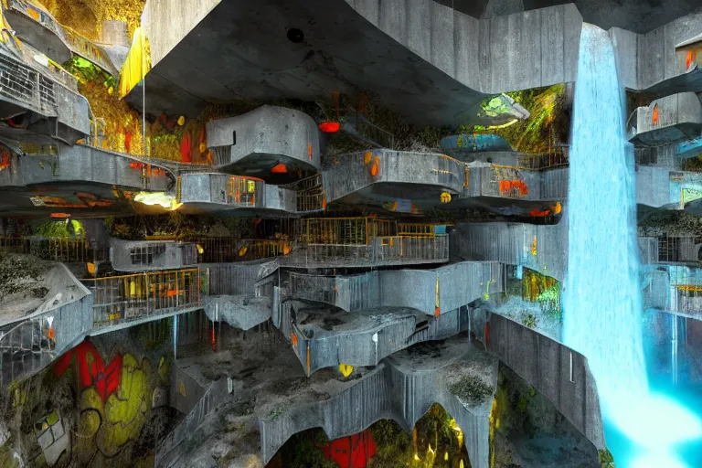 Prompt: favela bunker spaceship disco hive, brutalist waterfall environment, industrial factory, whimsical, award winning art, epic dreamlike fantasy landscape, ultra realistic,