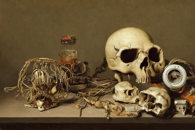 Image similar to a vanitas painting from the 21st century by clara peeters with a skull but also all the electronical gadgets of modern times, cables, wires