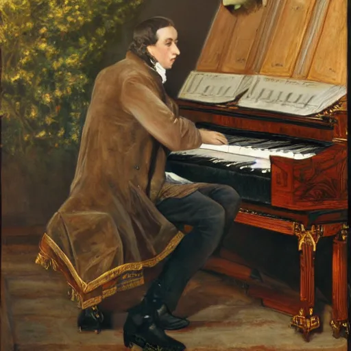 Image similar to Frederick Chopin on a stage playing a keytar, photorealistic painting