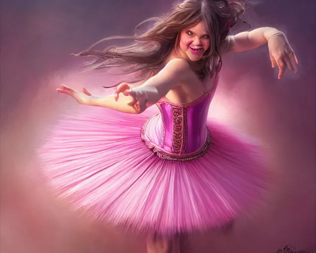 Image similar to photography of jack black dancing in a pink ballerina outfit, full body shot, deep focus, d & d and mtg, fantasy, intricate, elegant, highly detailed, digital painting, artstation, concept art, matte, sharp focus, illustration, hearthstone, art by artgerm and greg rutkowski and alphonse mucha