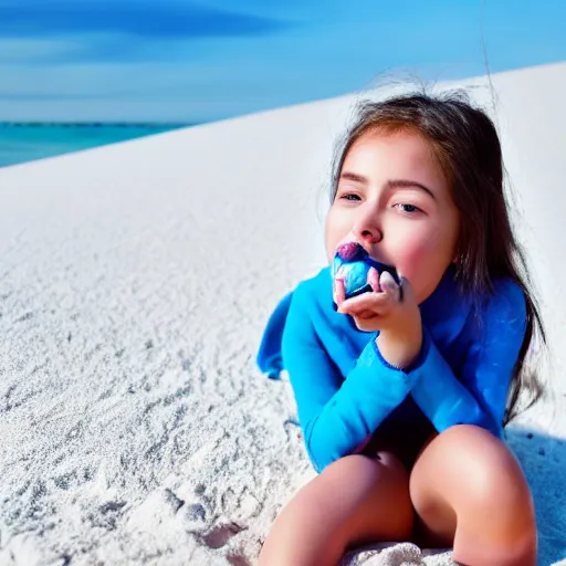 Prompt: girl with blue lips chewing bubble gum on a white sand beach 4k quality super realistic