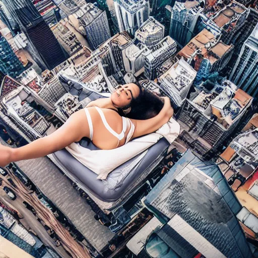 Prompt: a woman lying on a bed flying through the air, she is looking down on the buildings below her, uhd, 8k, dreamy, photo, hyper detailed