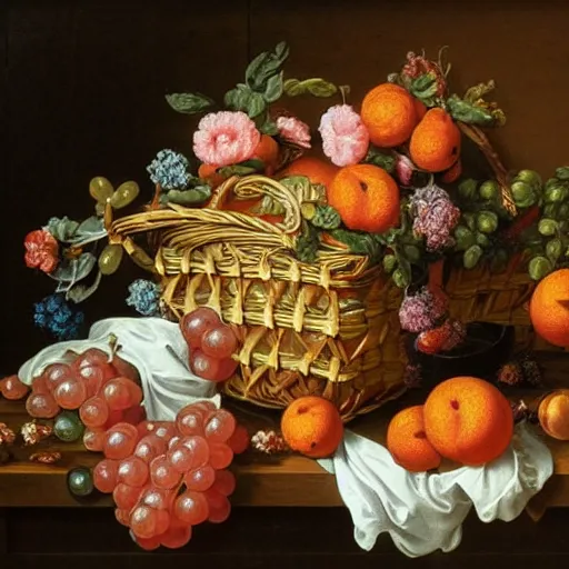 Prompt: a beautiful detailed baroque painting of fruit and flowers in a basket on a table, with a window with curtains in the background