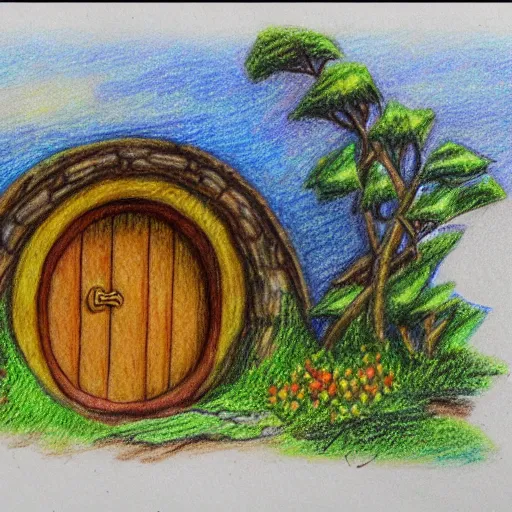 Prompt: a colored pencil sketch of a hobbit house in the shire