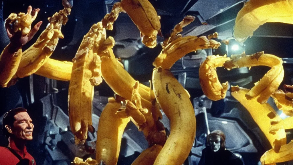 Image similar to a giant monster made of bananas and fries killing crew on star trek, film still from the movie directed by Denis Villeneuve with art direction by Salvador Dalí, wide lens