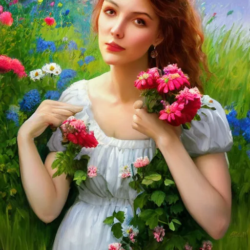 Image similar to a portrait of a romantic woman with flowers grow out of hair, roses peonies forget-me-nots dahlias lupins gladioli, sky theme in background, by Alexandr Averin, Digital Art, Trending on artstation