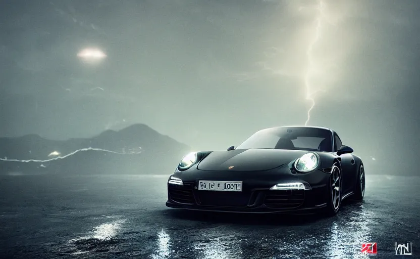 Image similar to a black Porsche 911 in the mountain at night by Khyzyl Saleem, cyan headlights, night time, lightning, heavy storm, atmospheric, artstation, concept art, illustration, sharp focus, high detail, octane render, RTX, water reflections, intimidating