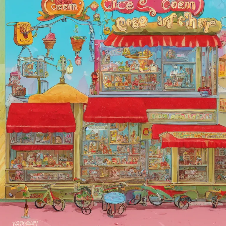 Prompt: ice cream shop, by richard scarry, intricate detail, HD, trending on artstation, fluorescent accents