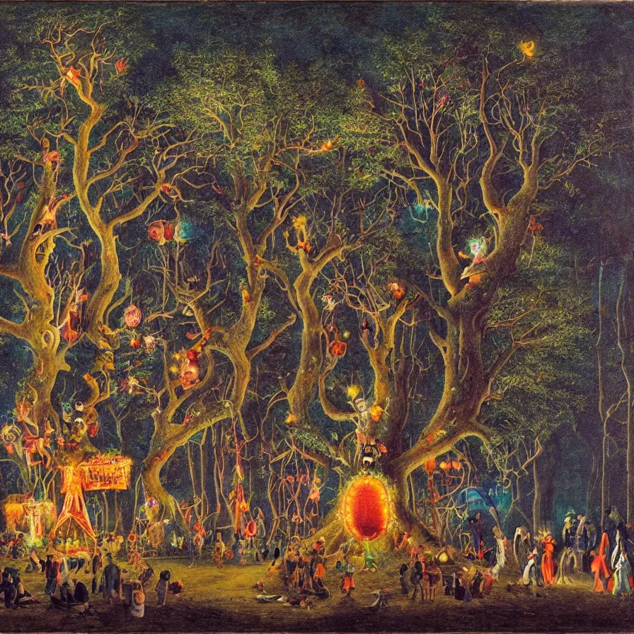 Image similar to a night carnival around a magical tree cavity, with a surreal orange moonlight and fireworks in the background, next to a lake with iridiscent water, christmas lights, folklore animals and people disguised as fantastic creatures in a magical forest by summer night, masterpiece painted by julius schnorr von carolsfeld, dark night environment