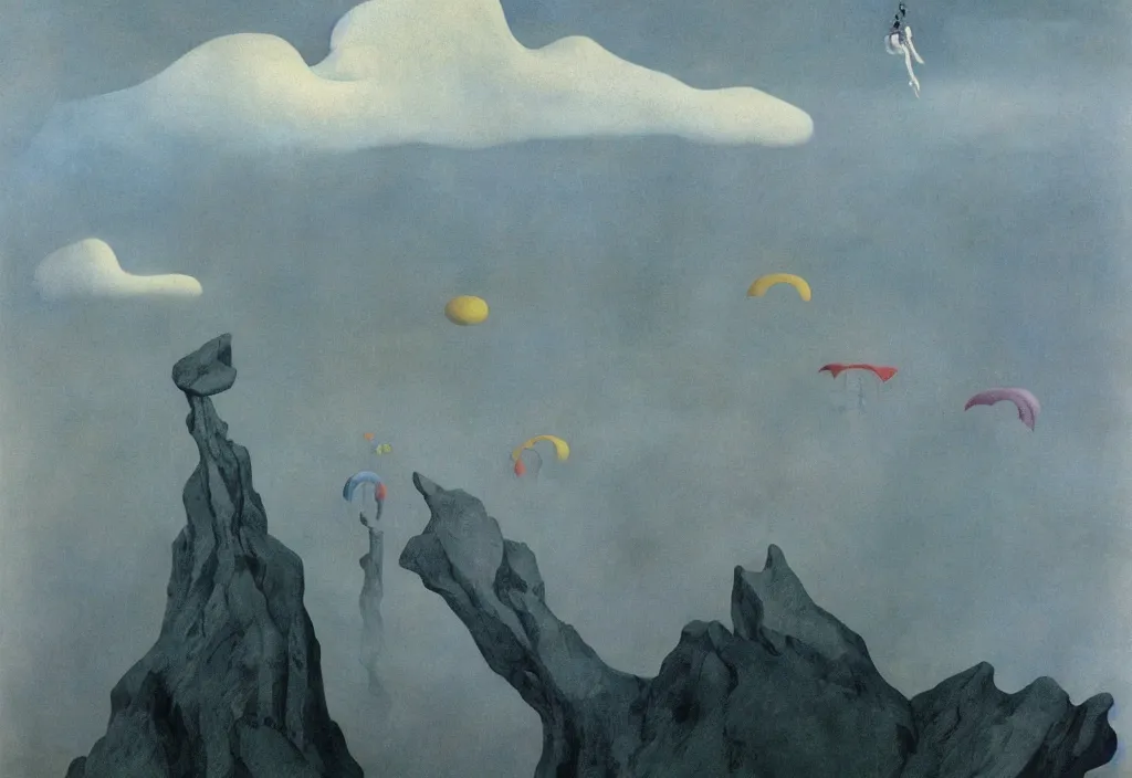 Image similar to shy mountain summit taking a peek through the clouds, fog, with curious eyes. joy of life happy flying creature. painting by yves tanguy, jean delville, rene magritte, max ernst, monet