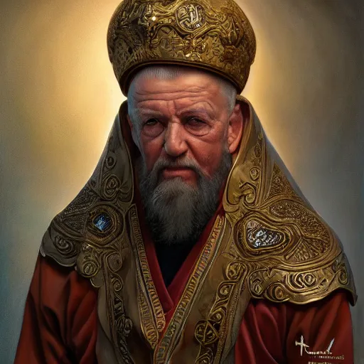 Image similar to portrait of an elderly orthodox patriarch, muscular, upper body, D&D, fantasy, intricate, cinematic lighting, highly detailed, digital painting, artstation, concept art, smooth, sharp focus, illustration, art by Hajime Sorayama