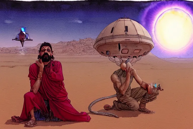 Prompt: a hyperrealist watercolour character concept art portrait of a middle eastern merchant kneeling down in astonishment in front of an alien with 1 2 eyes on a misty night in the desert. a ufo is in the background. by rebecca guay, michael kaluta, charles vess and jean moebius giraud