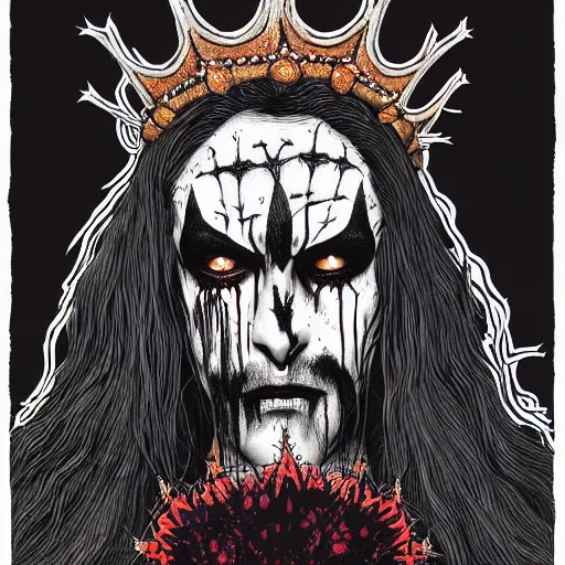 Prompt: Full-body detailed print of man wearing corpse paint and a crown on thorns with long black hair, tears of blood. Wide angle shot at night. Artwork by Junji Ito and dan Mumford