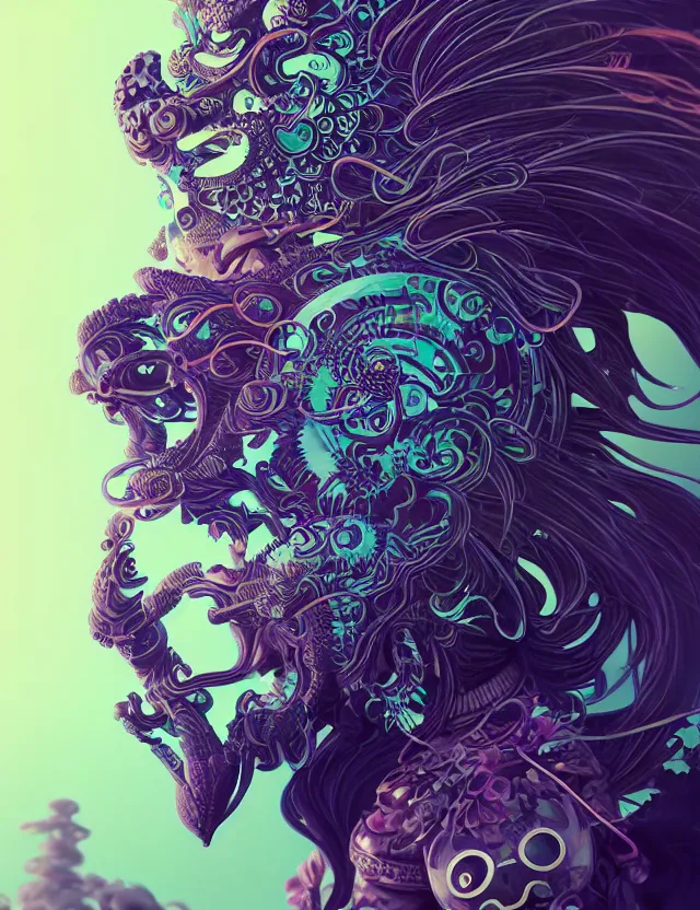 Image similar to 3 d goddess close - up profile solarpunk portrait ram skull. beautiful intricately detailed japanese crow kitsune mask and clasical japanese kimono. betta fish, jellyfish phoenix, bio luminescent, plasma, ice, water, wind, creature, artwork by tooth wu and wlop and beeple and greg rutkowski