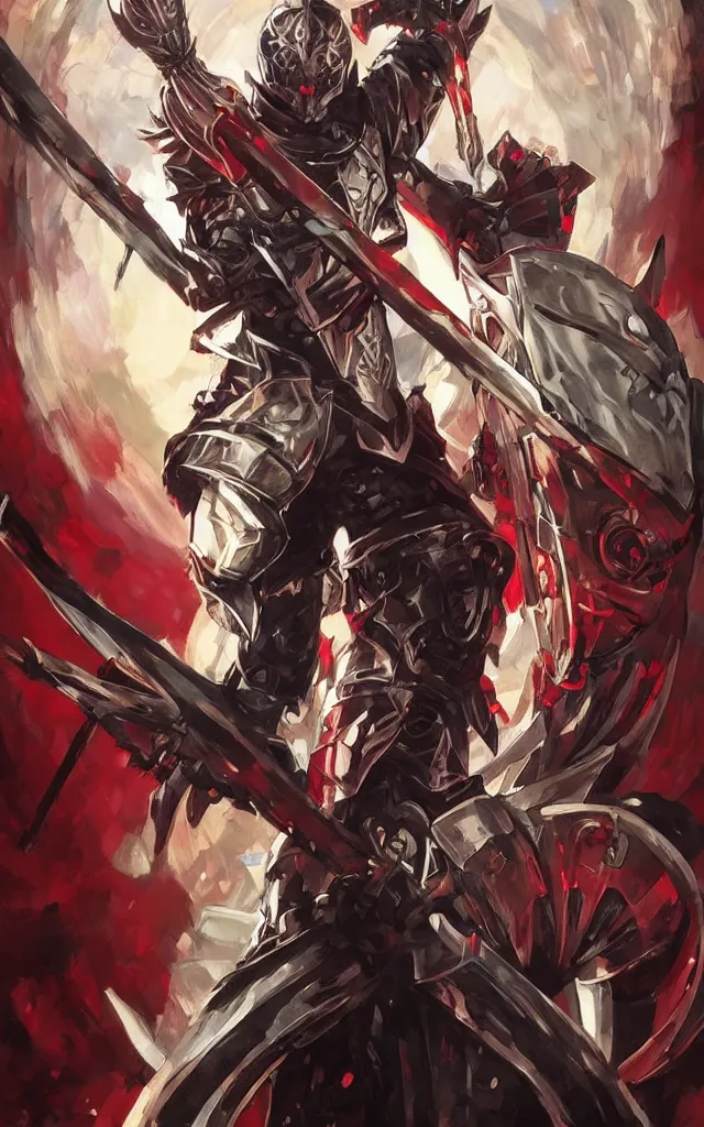 Image similar to Knight with black greatsword and black plate armour, one-eyed, emitting evil red aura, armor merging with body, full body shot, anime style, 90's modern art, art by artgerm and greg rutkowski and alphonse mucha