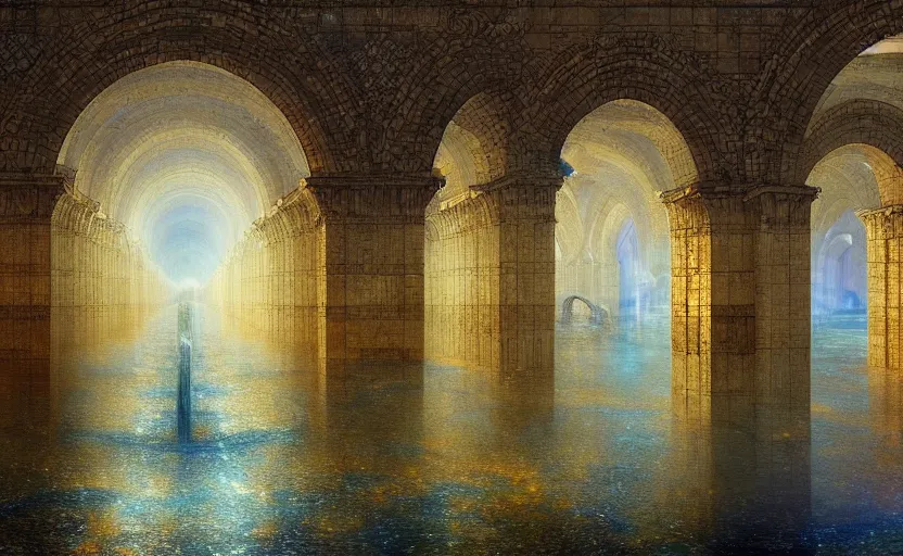 Image similar to tiled room squared waterway, aqueducts, fantasy. intricate. by artstation trending, by joseph mallord william turner, luis royo, konstantin razumov, cinematic lighting, fractal flame, highly detailed