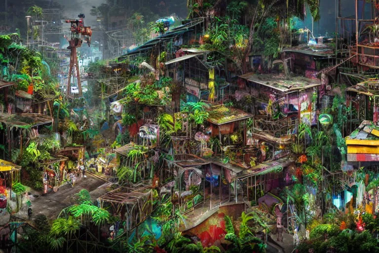 Image similar to favela winding cybernetic amusement park, lush floral jungle environment, industrial factory, apocalyptic, award winning art, epic dreamlike fantasy landscape, ultra realistic,