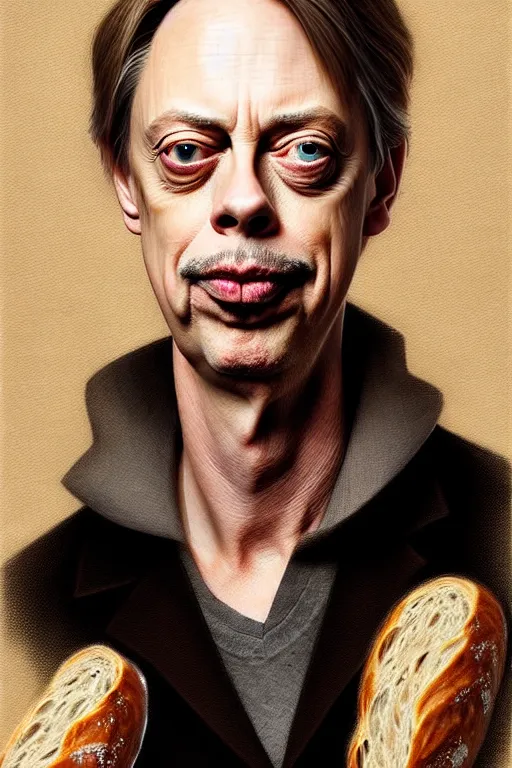 Image similar to beautiful portrait half steve buscemi wearing sourdough bread, by greg rutkowski