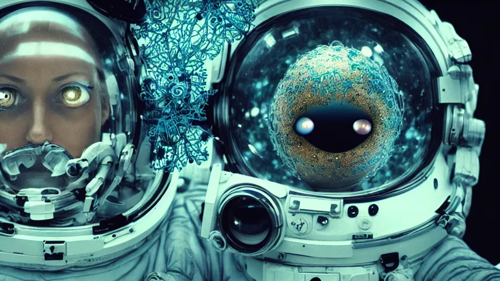 Image similar to a cybernetic symbiosis of a single astronaut eva suit swimming in infected with diamond 3d fractal lace iridescent bubble 3d skin covered with insectoid compound eye camera lenses floats through the living room, film still from the movie directed by Denis Villeneuve with art direction by Salvador Dalí, wide lens,