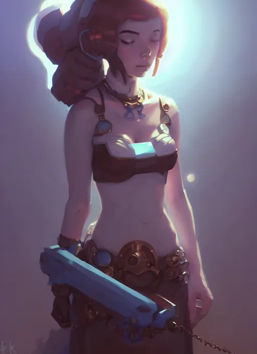 Image similar to portrait of cute psyker girl chained, warhammer 4 0 k, by atey ghailan, by greg rutkowski, by greg tocchini, by james gilleard, by joe gb fenton, by in kaethe butcher, dynamic lighting, gradient light blue, brown, blonde cream and white color in scheme, grunge aesthetic