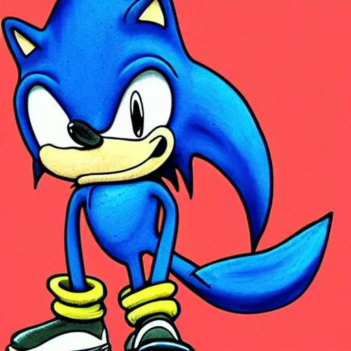 Prompt: Colored ink drawing of Sonic the Hedghehog, by Robert Crumb, highly detailed, centered, Artstation, concept art