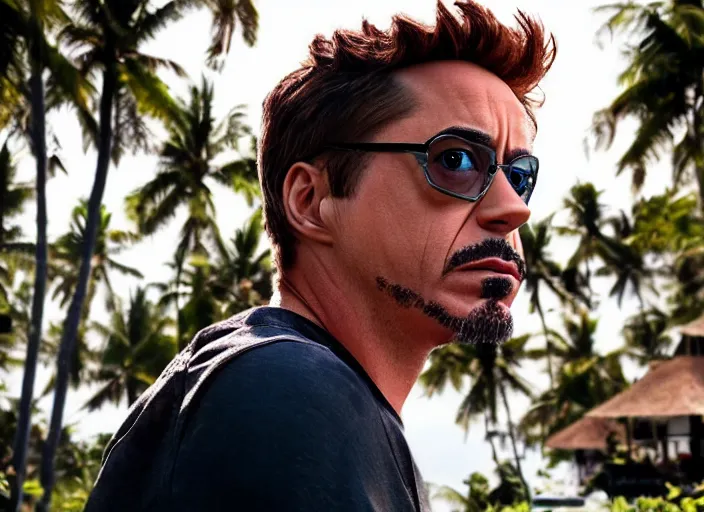 Image similar to a full portrait photo of robert downey jr holiday in bali, f / 2 2, 3 5 mm, 2 7 0 0 k, lighting, perfect faces, award winning photography.