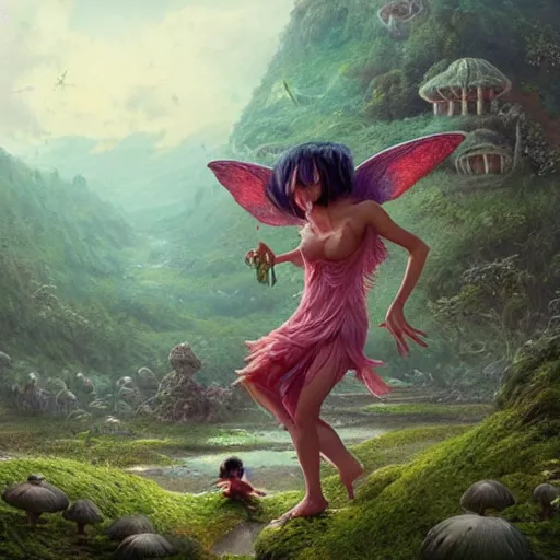 Prompt: Horrifying hyper realistic godlike fairy eating a live a frog , detailed mushroom village in the background , low angle, Greg rutkowski legendary matte painting, post-processing, fantasy , masterpiece , junji ito, painting , vibrant colors