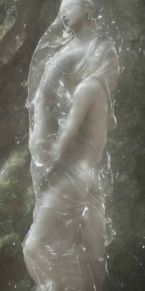 Image similar to a delicate renaissance marble sculpture covered with water veil, highly detailed transparent marble cloth, gi, global illumination, physically based rendering, photorealistic, top light, dark background by Edgar Maxence and Ross Tran