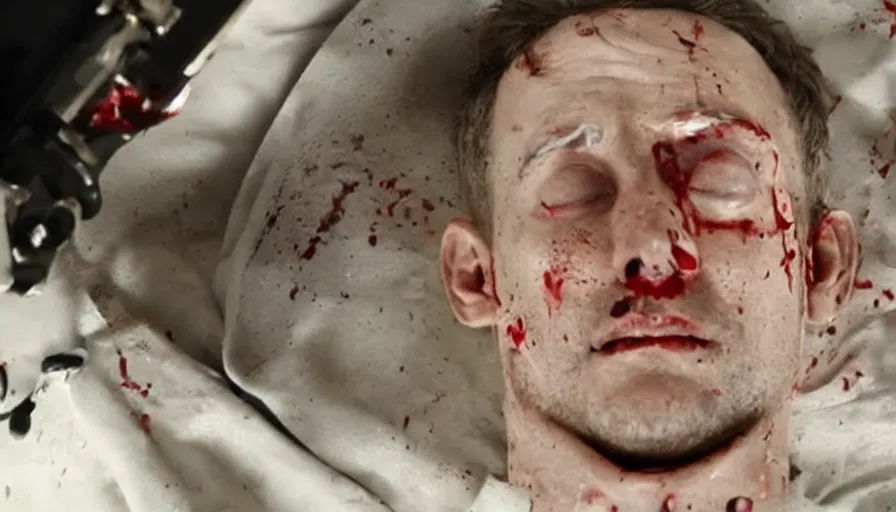 Image similar to big budget action movie about dead scientist's bloody head wound