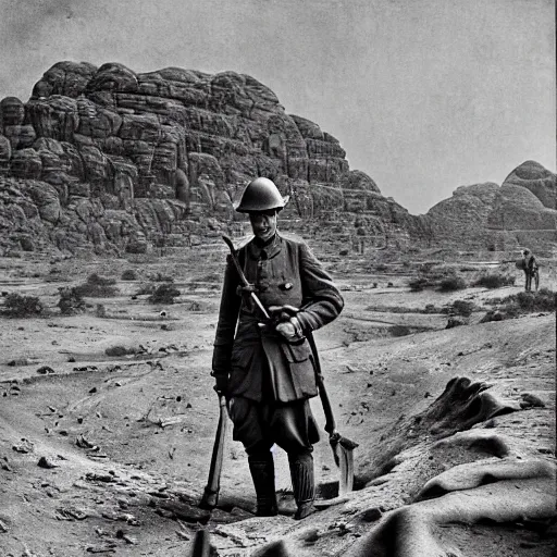 Prompt: ultra detailed photorealistic sepia - toned photograph from 1 9 1 7, a british officer in field fear standing at an archaeological dig site in wadi rum, ultra realistic, painted, intricate details, lovecraft, atmospheric, dark, horror, brooding, highly detailed, by angus mcbride