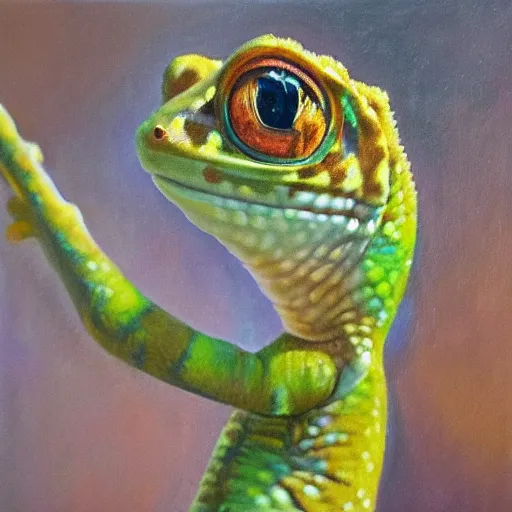 Prompt: portrait of a gecko, oil painting, masterpiece