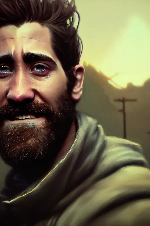 Prompt: portrait of jake gyllenhaal rendered in unreal engine 5, by wlop, greg rutkowski, and peter mohrbacher, 3 d, extremely detailed shading, concept art, character design, trending on artstation, unreal engine 5, octane render, atmosphere, glow, cinematic lighting, full of color