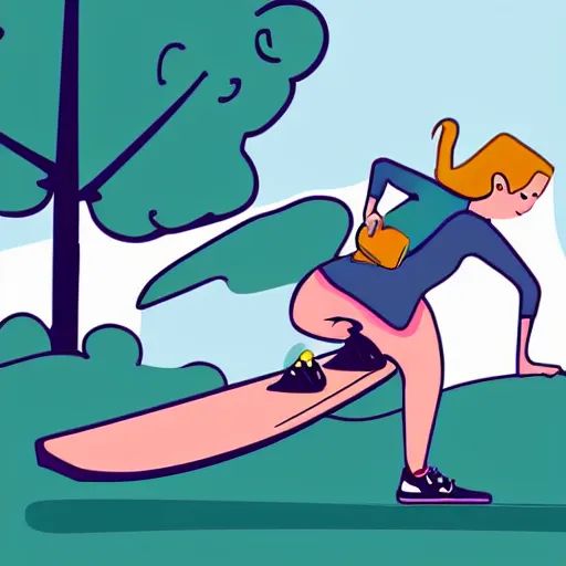 Prompt: stylized illustration of a girl ridin a skateboard with one leg up and the other on the deck going fast, side view