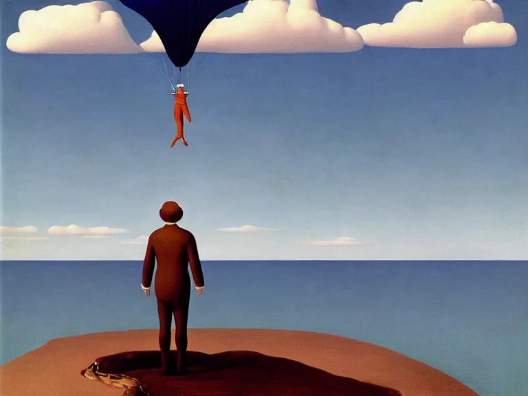 Image similar to Man parachuting onto a small island in the middle of a big lake painting by rene magritte, high detail, high resolution