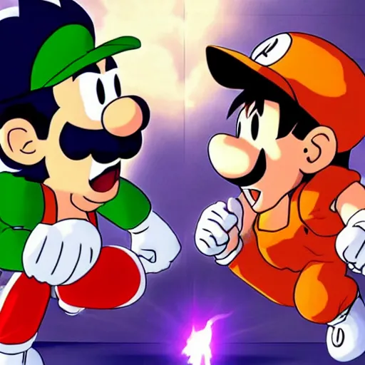 Image similar to luigi and son goku fighting, intense fight, epic lighting