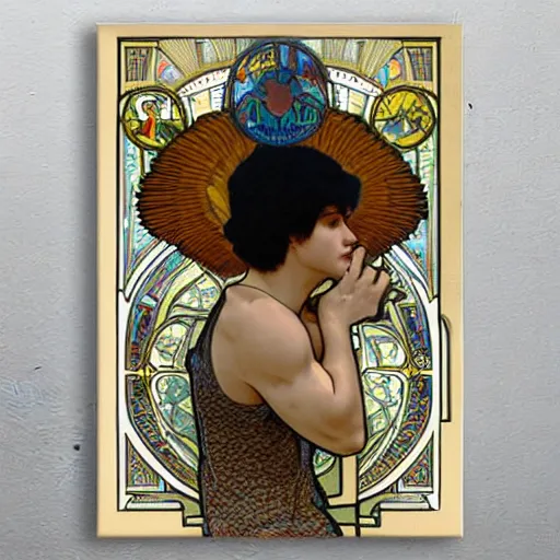 Image similar to ultra realistic illustration of 1 3 year old winged boy angel, full body, male body, elegant study, art nouveau poster by alphonse mucha